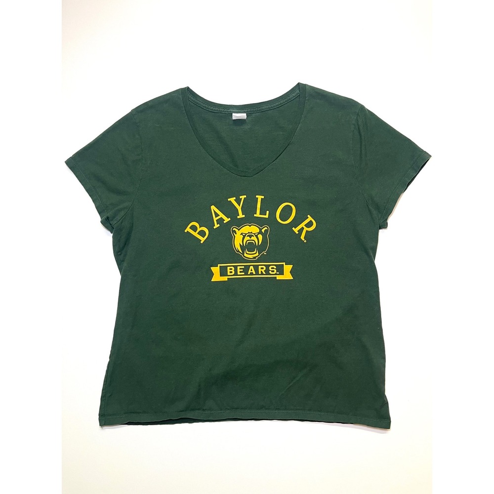 Hanes Baylor Bears T-Shirt Womens XL Green V-Neck Short Sleeve Relaxed Fit Tee